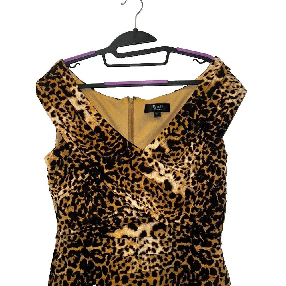 Tadashi Collection Leopard Print Pintuck Sheath Dress Brown Black Large V-Neck